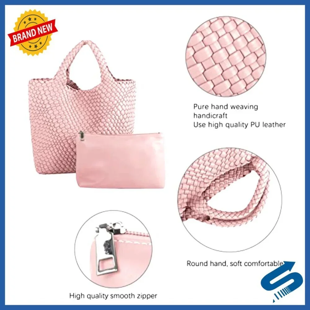 Woven Vegan Leather Tote Handbag Summer Beach Travel Satchel Purse